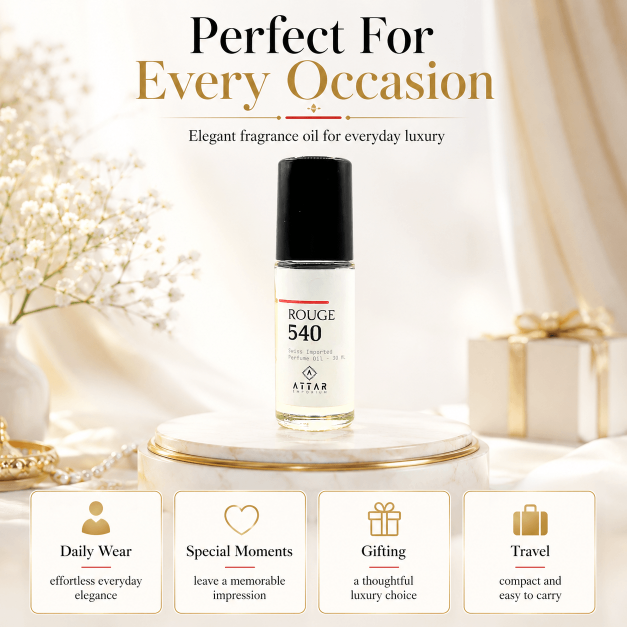 Rouge 540 Unisex Fragrance Oil showcasing elegance for daily wear, special moments, gifting, and travel.