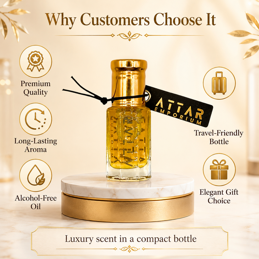 Attar Emporium perfume bottle with features listed on a decorative background