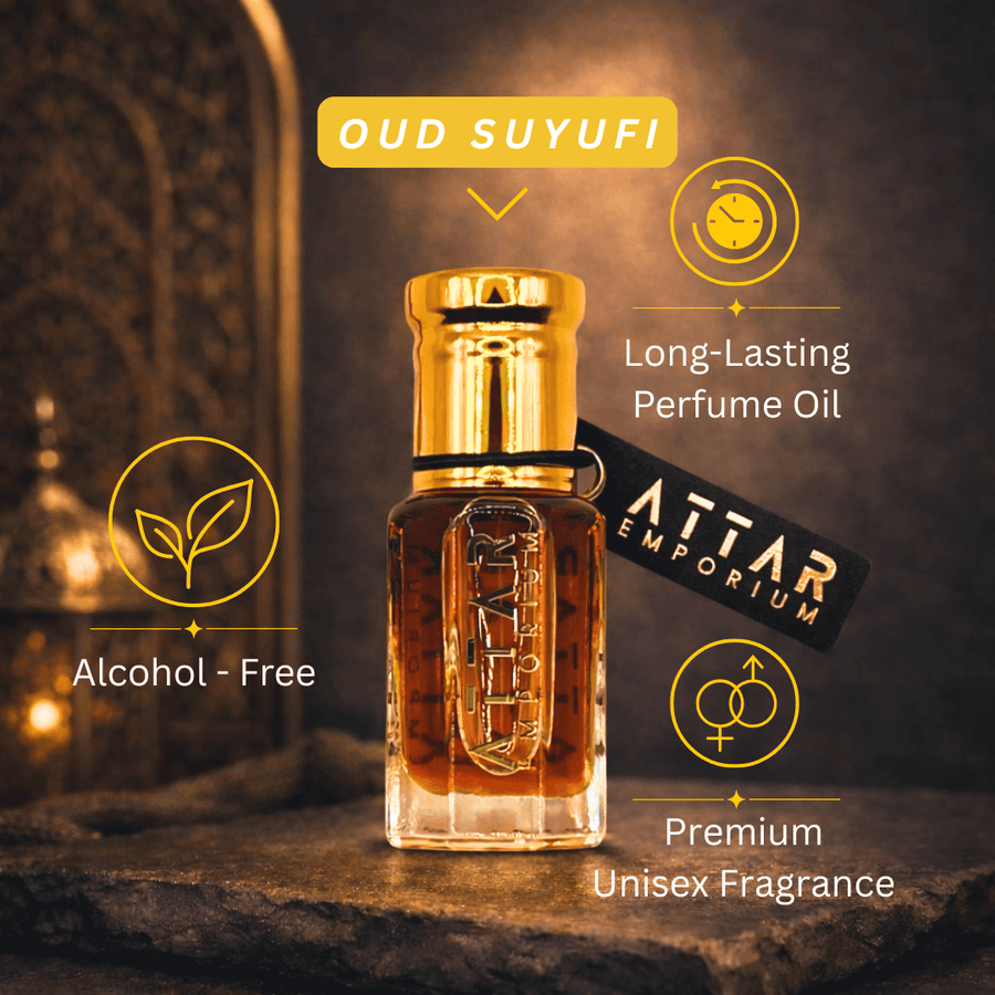 Oud Suyufi Attar Fragrance Oil bottle with labels highlighting alcohol-free and long-lasting premium unisex fragrance.